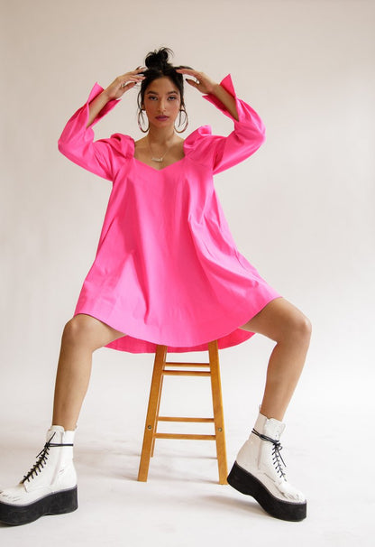 VANESSA PUFF SLEEVE DRESS NEON PINK